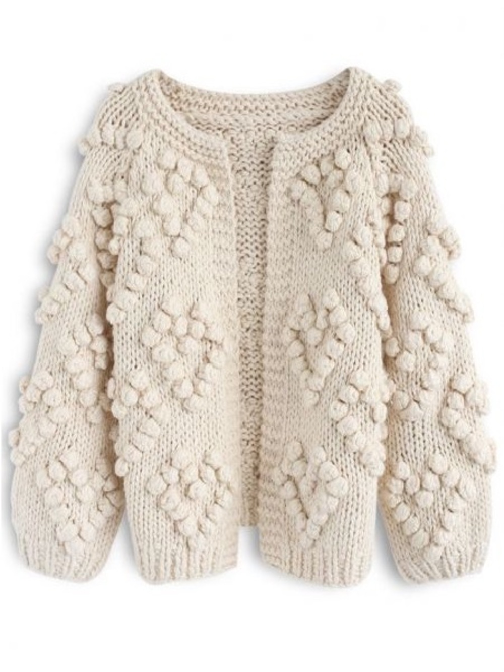 Cream Pom-Pom Knit Cardigan Sweater - Women